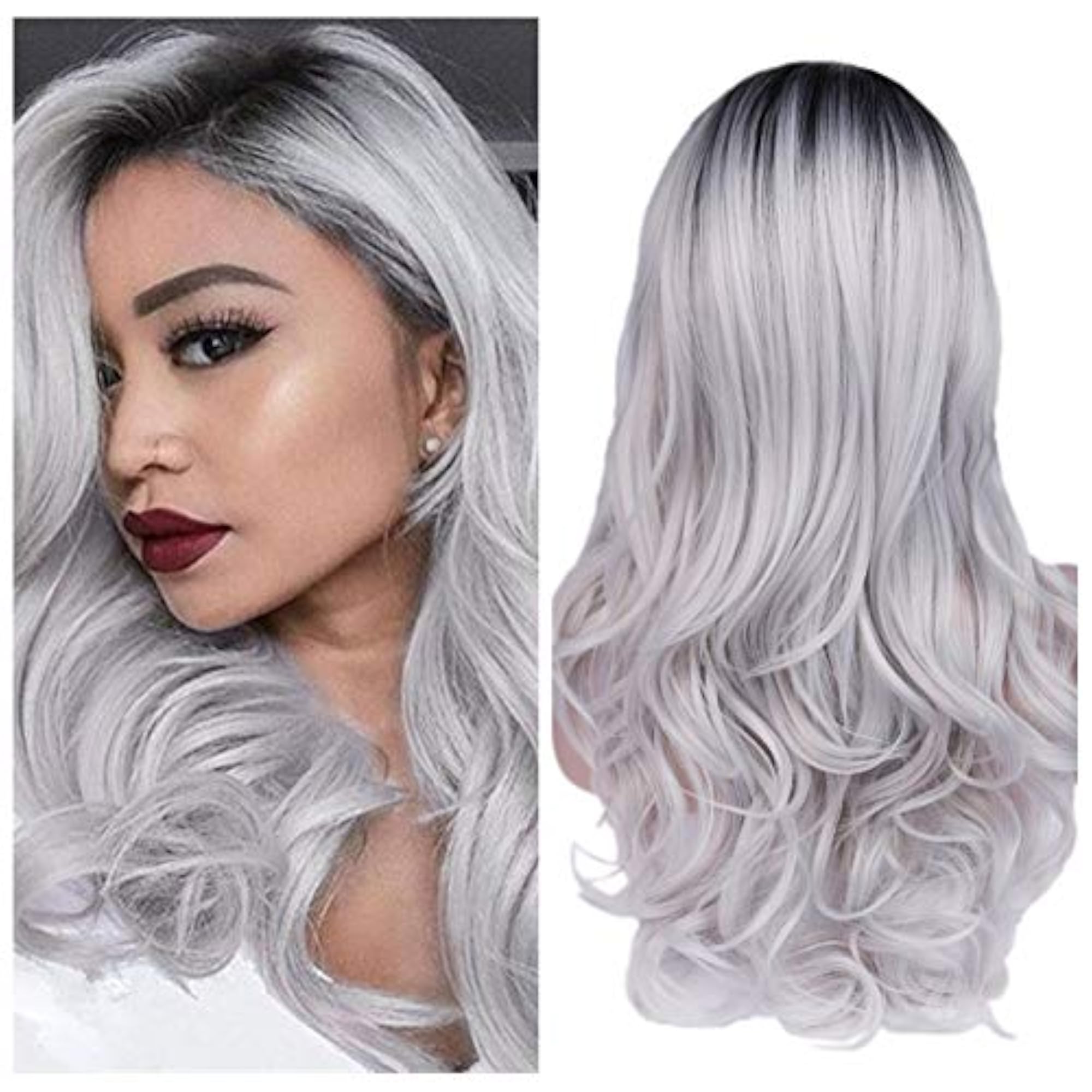 Ombre Wig Black To Gray Long Wavy Synthetic